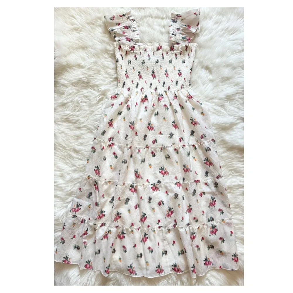 New! HILL HOUSE Ellie Floral Midi Nap Dress in Ivory Crushed Taffeta Ikat - Picture 9 of 15